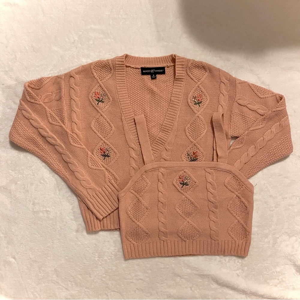 Almost Famous Peach Cable Knit Cardigan and Tank Top Set